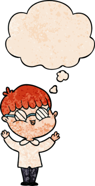 Bir insan tarafından çizilmiş grunge desenli düşünce baloncuklu gözlük takan çizgi film çocuğu.