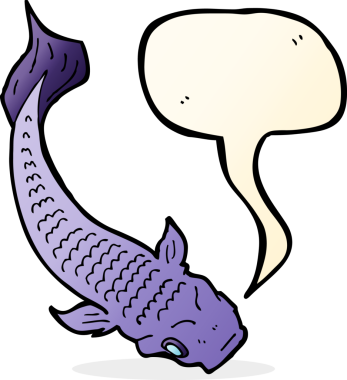 Bir insan tarafından çizilmiş konuşma balonlu çizgi film balığı.