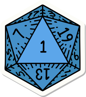 Bir insan tarafından çizilmiş doğal 1 D20 zar etiketi.
