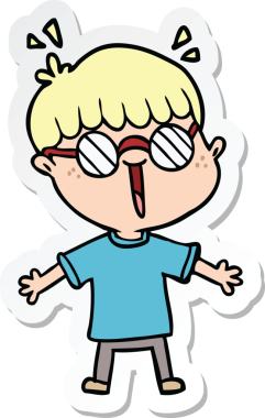 Bir insan tarafından çizilmiş gözlüklü bir çizgi film çocuğunun çıkartması.