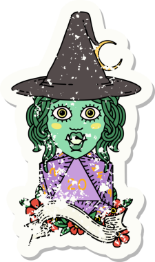 Bir insan tarafından çizilmiş 20 zarlı yarım ork büyücüsünün grunge çıkartması.