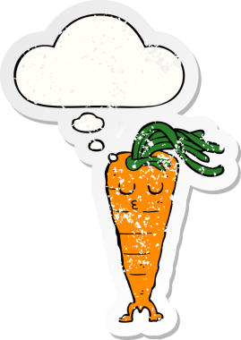 Düşünce baloncuklu çizgi film havucu insan tarafından çizilmiş yıpranmış bir çıkartma gibi.