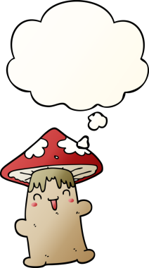 Bir insan tarafından çizilmiş yumuşak eğimli düşünce baloncuklu mantar karakteri.
