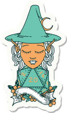 Bir insan tarafından çizilmiş doğal yirmi zarlı elf büyücü karakterinin çıkartması.