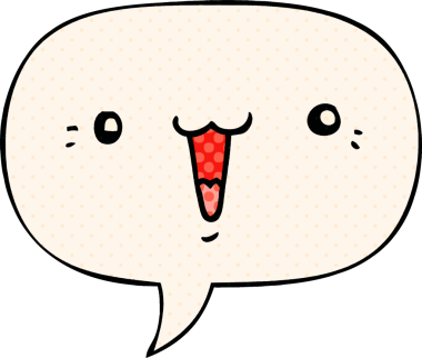 Bir insan tarafından çizilmiş çizgi roman tarzında konuşma baloncuğu olan şirin bir çizgi film yüzü.