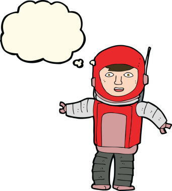 Bir insan tarafından çizilmiş düşünce baloncuklu astronot.