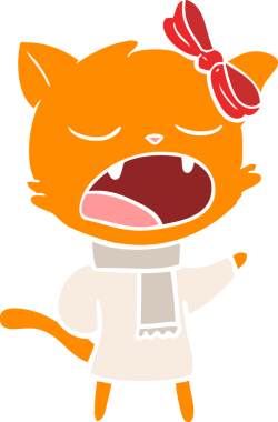 Düz renkli çizgi film kedisi. Bir insan tarafından çizilmiş kışlık giysiler.