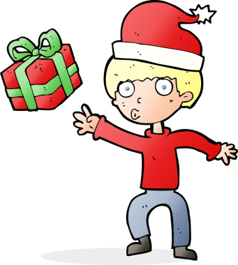 Bir insan tarafından çizilmiş Noel hediyeli çizgi film çocuğu.