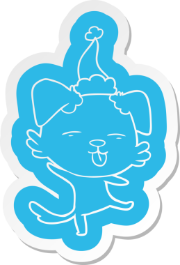 Bir insan tarafından çizilmiş Noel Baba şapkası giyen dans eden bir köpeğin garip çizgi film çıkartması.