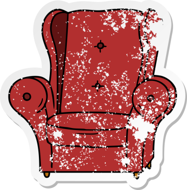 Bir insan tarafından çizilmiş eski bir koltuğun çizilmiş, kederli çıkartma karikatürü.