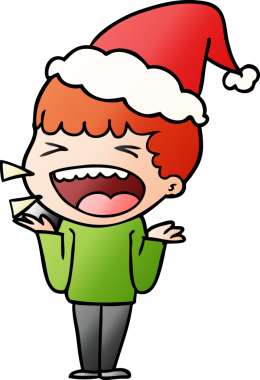 Bir insan tarafından çizilmiş Noel Baba şapkası giymiş gülen bir adamın el çizimi karikatürü.