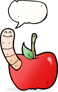 bir insan tarafından çizilmiş konuşma baloncuklu kurtlu çizgi film elması