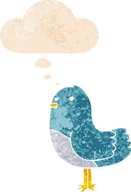 Düşünce baloncuğu ve grunge ile çizgi film kuşu bir insan tarafından çizilmiş sıkıntılı retro tarzı