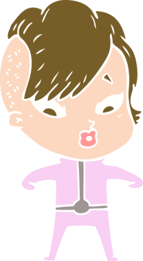 Düz renkli çizgi film, bilim kurgu kıyafetleriyle bir insan tarafından çizilmiş kızı şaşırttı.