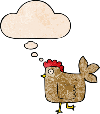Bir insan tarafından çizilmiş grunge desenli düşünce baloncuklu çizgi film tavuğu.
