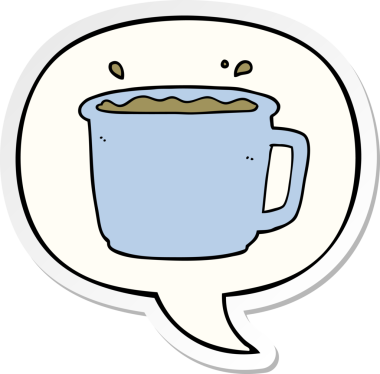 Bir insan tarafından çizilmiş konuşma balonu çıkartmalı çizgi film kahve fincanı.