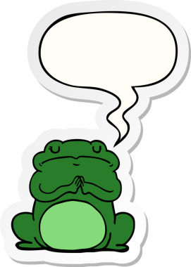 Bir insan tarafından çizilmiş konuşma kabarcığı çıkartmalı kibirli kurbağa.