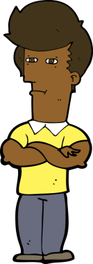 Bir insan tarafından çizilmiş kolları katlanmış çizgi film adamı.