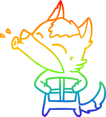 Uluyan bir kurdun gökkuşağı gradyan çizimi ve bir insan tarafından çizilmiş Noel hediyesi.