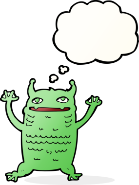 Bir insan tarafından çizilmiş düşünce balonu olan küçük bir canavar.