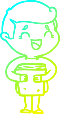 Bir insan tarafından çizilmiş kitabı tutan gülen bir adamın çizgi film çizimi.