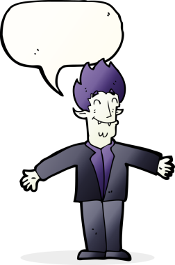 Bir insan tarafından çizilmiş konuşma balonlu mutlu vampir çizgi filmi.