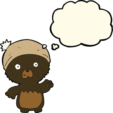 şapkalı şirin oyuncak ayı ve bir insan tarafından çizilmiş düşünce balonu.