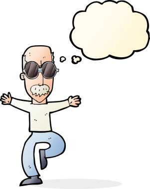 Düşünce baloncuğu çizilmiş büyük gözlükler takan yaşlı bir adam.