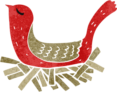 Bir insan tarafından çizilmiş yuvadaki çizgi film kuşu.