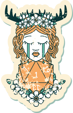 Ağlayan insan bir Druid 'in grunge çıkartması. Bir insan tarafından çizilmiş doğal bir D20 ruloyla.