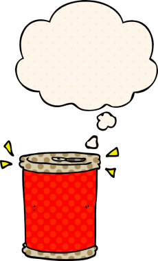 Çizgi roman tarzında bir insan tarafından çizilmiş düşünce baloncuklu bir soda kutusu.