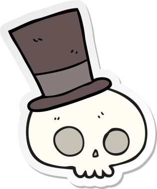 Bir insan tarafından çizilmiş silindir şapka giyen bir kafatası çıkartması.