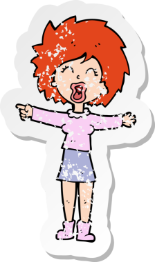 Bir karikatürün gerilimli gerilimli retro çıkartması bir insan tarafından çizilmiş kadın konuşması.