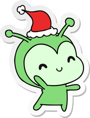 Bir insan tarafından çizilmiş Kawai uzaylısının el çizimi Noel çıkartması.