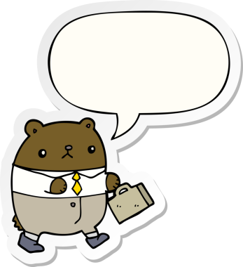 İnsan tarafından çizilmiş konuşma balonu çıkartmalı iş kıyafetleri içindeki çizgi film ayısı.