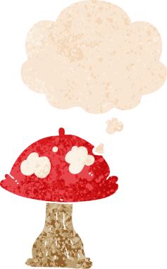 Düşünce baloncuklu çizgi film mantarı grunge sıkıntılı retro desen bir insan tarafından çizilmiş