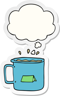 Düşünce baloncuklu karikatür kampı kupası insan tarafından çizilmiş bir çıkartma.