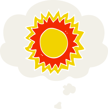 Düşünce baloncuklu karikatür güneşi bir insan tarafından çizilmiş.