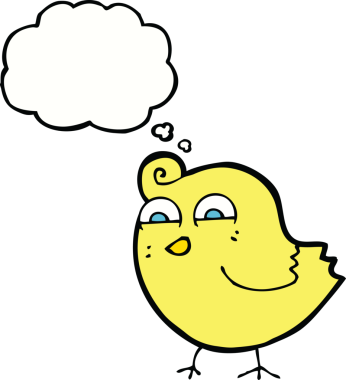 Bir insan tarafından çizilmiş düşünce baloncuklu komik kuş.