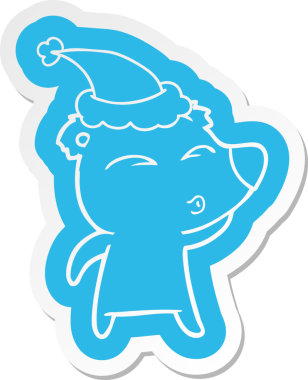 Bir insan tarafından çizilmiş Noel Baba şapkası giyen ıslık çalan bir ayının garip çizgi film çıkartması.