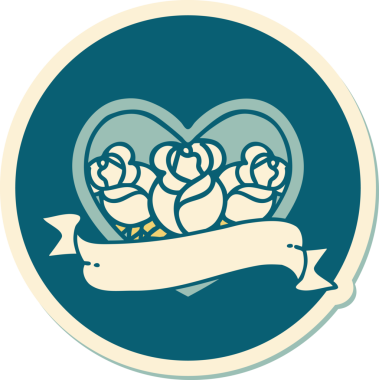 Geleneksel kalp stili dövme çıkartması ve bir insan tarafından çizilmiş çiçekli pankart.