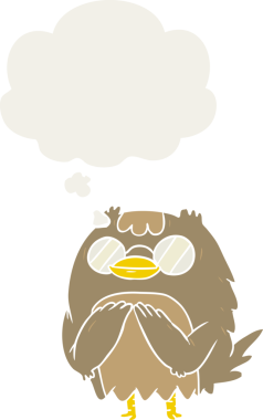 bir insan tarafından çizilmiş düşünce baloncuğu olan yaşlı baykuş çizgi filmi