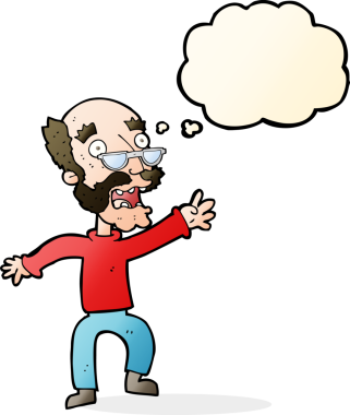 Çizgi film, bir insan tarafından çizilmiş düşünce balonuyla korkmuş yaşlı bir adam.