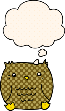 Bir insan tarafından çizilmiş çizgi roman tarzında düşünce baloncuğu olan çizgi film baykuşu