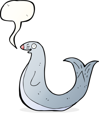 Bir insan tarafından çizilmiş konuşma balonlu mutlu fok.