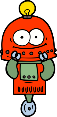 Bir insan tarafından çizilmiş ampullü mutlu karton robot.