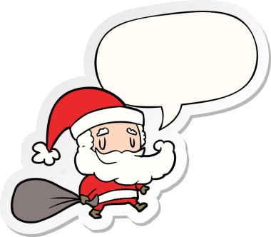 Bir insan tarafından çizilmiş balon çıkartmalı hediye çantası taşıyan Noel Baba çizgi filmi.