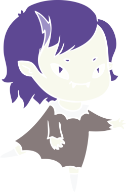 Bir insan tarafından çizilmiş düz renkli çizgi film arkadaş canlısı vampir kız.