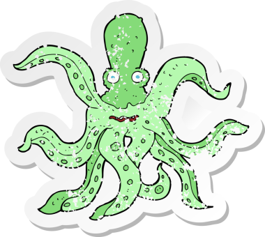 Bir insan tarafından çizilmiş dev ahtapotun retro depresif çıkartması.