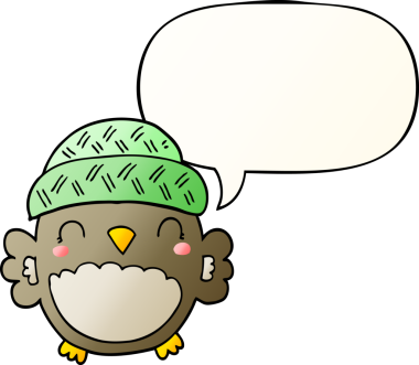 Bir insan tarafından çizilmiş yumuşak eğimli konuşma baloncuğu olan şapkalı sevimli çizgi film baykuşu.